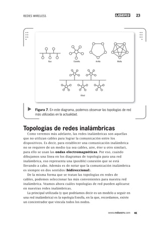 www.redusers.com
REDES WIRELESS 23
Topologí
Figura 7. En este diagrama, podemos observar las topologías de red
más utilizadas en la actualidad.
Bus Estrella Anillo Malla
Árbol
as de redes inalámbricas
Como veremos más adelante, las redes inalámbricas son aquellas
que no utilizan cables para lograr la comunicación entre los
dispositivos. Es decir, para establecer una comunicación inalámbrica
no se requiere de un medio (ya sea cables, aire, éter u otro similar),
para ello se usan las ondas electromagnéticas. Por eso, cuando
dibujamos una línea en los diagramas de topología para una red
inalámbrica, eso representa una (posible) conexión que se está
llevando a cabo. Además es de notar que la comunicación inalámbrica
es siempre en dos sentidos (bidireccional).
De la misma forma que se tratan las topologías en redes de
cables, podemos seleccionar las más convenientes para nuestra red
inalámbrica. Veamos ahora cuáles topologías de red pueden aplicarse
en nuestras redes inalámbricas.
La principal utilizada (y que podríamos decir es un modelo a seguir en
una red inalámbrica) es la topología Estrella, en la que, recordamos, existe
un concentrador que vincula todos los nodos.
013-060_01_WH_REAJUSTADO.indd 23013-060_01_WH_REAJUSTADO.indd 23 01/12/2011 09:01:48 a.m.01/12/2011 09:01:48 a.m.
 