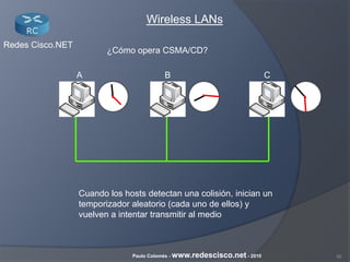 10Paulo Colomés - www.redescisco.net - 2010
Redes Cisco.NET
Wireless LANs
¿Cómo opera CSMA/CD?
Cuando los hosts detectan una colisión, inician un
temporizador aleatorio (cada uno de ellos) y
vuelven a intentar transmitir al medio
BA C
 