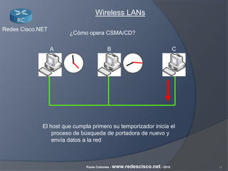 11Paulo Colomés - www.redescisco.net - 2010
Redes Cisco.NET
Wireless LANs
¿Cómo opera CSMA/CD?
El host que cumpla primero su temporizador inicia el
proceso de búsqueda de portadora de nuevo y
envía datos a la red
BA C
 