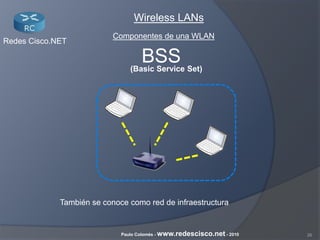 26Paulo Colomés - www.redescisco.net - 2010
Redes Cisco.NET
Wireless LANs
BSS
Componentes de una WLAN
(Basic Service Set)
También se conoce como red de infraestructura
 
