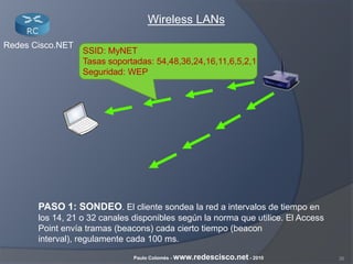 35Paulo Colomés - www.redescisco.net - 2010
Redes Cisco.NET
Wireless LANs
PASO 1: SONDEO. El cliente sondea la red a intervalos de tiempo en
los 14, 21 o 32 canales disponibles según la norma que utilice. El Access
Point envía tramas (beacons) cada cierto tiempo (beacon
interval), regulamente cada 100 ms.
SSID: MyNET
Tasas soportadas: 54,48,36,24,16,11,6,5,2,1
Seguridad: WEP
 