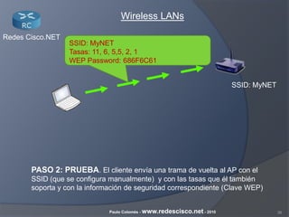 36Paulo Colomés - www.redescisco.net - 2010
Redes Cisco.NET
Wireless LANs
SSID: MyNET
PASO 2: PRUEBA. El cliente envía una trama de vuelta al AP con el
SSID (que se configura manualmente) y con las tasas que él también
soporta y con la información de seguridad correspondiente (Clave WEP)
SSID: MyNET
Tasas: 11, 6, 5,5, 2, 1
WEP Password: 686F6C61
 