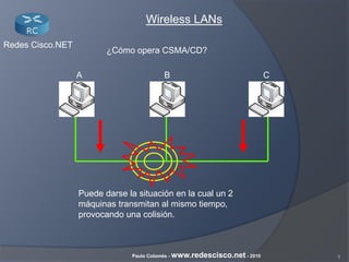 9Paulo Colomés - www.redescisco.net - 2010
Redes Cisco.NET
Wireless LANs
¿Cómo opera CSMA/CD?
Puede darse la situación en la cual un 2
máquinas transmitan al mismo tiempo,
provocando una colisión.
BA C
 