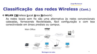 Montagem de redes
Jorge Muchacuar
Classificação das redes Wireless (Cont.)
10
 WLAN (Wireless Local Area Network)
As redes locais sem fio são uma alternativa às redes convencionais
cabeadas, fornecendo flexibilidade, fácil configuração e com boa
conectividade em áreas prediais ou campus.
 
