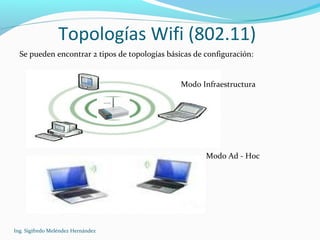 Topologías Wifi (802.11)
Ing. Sigifredo Meléndez Hernández
Se pueden encontrar 2 tipos de topologías básicas de configuración:
Modo Infraestructura
Modo Ad - Hoc
 
