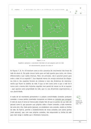 25
Figuras 7 a 10
Seqüência apresenta o crescimento não-linear de uma pequena parte da rede
de relacionamentos pessoais do aluno A
As figuras 7, 8, 9 e 10 mostram como se dá o processo de crescimento não-linear da
rede do aluno A. Ela pode crescer tanto para um lado quanto para outro, em ritmos
diferenciados e por razões diversas. Mais: em princípio, não é possível prever para
onde a rede irá se expandir10
. Isso depende menos do arranjo estrutural do diagra-
ma (isto é, dos aspectos formais do sistema) e mais das dinâmicas do relaciona-
mento que fluem no âmbito da rede. O que se tem como certo é que a rede de A
nunca será a mesma dois instantes seguidos nem parará de crescer ou de se espraiar
– aqui aparece outra propriedade da rede, que é o seu dinamismo organizacional, a
sua plasticidade.
A razão de tal movimento permanente é a própria conectividade. Conexões produzem
conexões, e novos pontos conectados incorporam ao sistema as conexões que carregam!
A rede do aluno A torna-se imensa pelo simples fato de que os pontos da sua rede são
pessoas como A, que possuem suas próprias redes e fazem conexões a todo momento
tal como ele o faz. Cada ponto (pessoa), ao estabelecer uma conexão, amplia os limites
da rede. Ao fazê-lo, permite o estabelecimento de novas conexões com outros pontos
(mais pessoas), que, com suas próprias conexões, vão empurrando os limites da rede
para mais longe à medida que o fenômeno transcorre.
r e d e s | A m o r f o l o g i a d a r e d e e a s d i n â m i c a s d a c o n e c t i v i d a d e
Espaços de
conversação
(pág. 73)
 