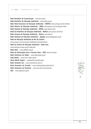 89
Rede Brasileira de Comunicação - www.rbc.org.br
Rede Brasileira de Educação Ambiental - www.rebea.org.br
Rede Mato-Grossense de Educação Ambiental - REMTEA www.univag.com.br/remtea
Rede Mineira de Educação Ambiental - RMEA www.grupos.com.br/grupos/rmea
Rede Paulista de Educação Ambiental - REPEA www.repea.org.br
Rede Sul Brasileira de Educação Ambiental - REASul www.reasul.univali.br
Rede Acreana de Educação Ambiental - ReAcre www.ufac.br
Rede Pantanal de Educação Ambiental - Aguapé www.redeaguape.org.br
Rede de Educação Ambiental do Rio de Janeiro
www.grupos.com.br/grupos/redeeducacaoambiental/
Rede de Centros de Educação Ambiental - Rede Ceas
www.redeceas.esalq.usp.br/rede.htm
Rede DLIS - www.rededlis.org.br
Rede de Informações para o Terceiro Setor - RITS www.rits.org.br
Rede Feminista de Saúde - www.redesaude.org.br
Inter-Redes - www.inter-redes.org.br
Small World Project - smallworld.columbia.edu/
Rede Semente Sul - www.sementesul.ufsc.br
Rede Sementes do Cerrado - www.sementesdocerrado.bio.br
Rede Sementes do Pantanal - www.ead.ufms.br/sementes
ASA - www.asabrasil.org.br
r e d e s | R e f e r ê n c i a s d a i n t e r n e t
 
