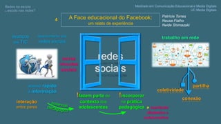 A Face educacional do Facebook:
um relato de experiência
avanços
das TIC
acesso rápido
à informação
Mestrado em Comunicação Educacional e Media Digitais
UC Media Digitais
Redes na escola,
ou escola nas redes?
Patrícia Torres
Neusa Fialho
Neide Shimazaki
aparecimento das
redes sociais
novos
vínculos
sociais
interação
entre pares
!fazem parte do
contexto dos
adolescentes
!incorporar
na prática
pedagógica
4
trabalho em rede
coletividade
conexão
partilha
» currículo
dinâmico e
colaborativo
 