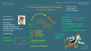 A Face educacional do Facebook:
um relato de experiência
Mestrado em Comunicação Educacional e Media Digitais
UC Media Digitais
Redes na escola,
ou escola nas redes?
Patrícia Torres
Neusa Fialho
Neide Shimazaki
4
investigação:
Brasil/Paraná
48 alunos
Pós-graduação
Gestão Educacional
maioritariamente professores
de vários graus
questionário
usam o
facebook ?
• sim »»»»»» 41
• não »»»»»» 3
• raramente »» 4
uso na
profissão
»»»
• atividades
• trabalhos
• documentos
c/ interesse
mostra de trabalhos
realizados em aula
partilha
encontrar informação
papel do professor
• mediador no processo educativo
• flexibilização de contextos de
aprendizagem
• definir estratégias inovadoras!
• formar educandos críticos no uso
da informação
• despertar para colaborativismo
novos
caminhos
novos modos
de ensinar e
aprender
falta de
conhecimento
dificuldade
de manuseio
 