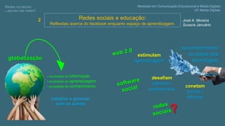 Redes sociais e educação:
Reflexões acerca do facebook enquanto espaço de aprendizagem.
• sociedade da informação
• sociedade da aprendizagem
• sociedade do conhecimento
reconhecimento
do papel das
tecnologias
estimulam
aprendizagem
Mestrado em Comunicação Educacional e Media Digitais
UC Media Digitais
Redes na escola,
ou escola nas redes?
José A. Moreira
Susana Januário
globalização
trabalhar e aprender
com os outros
desafiam
sistema e
profissionais
conetam
formal e
informal
2
 