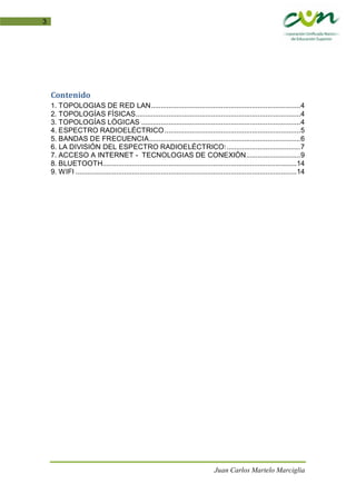 Juan Carlos Martelo Marciglia
3
Contenido
1. TOPOLOGIAS DE RED LAN.............................................................................4
2. TOPOLOGÍAS FÍSICAS.....................................................................................4
3. TOPOLOGÍAS LÓGICAS ..................................................................................4
4. ESPECTRO RADIOELÉCTRICO......................................................................5
5. BANDAS DE FRECUENCIA..............................................................................6
6. LA DIVISIÓN DEL ESPECTRO RADIOELÉCTRICO:......................................7
7. ACCESO A INTERNET - TECNOLOGIAS DE CONEXIÓN............................9
8. BLUETOOTH....................................................................................................14
9. WIFI ..................................................................................................................14
 