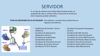 SERVIDOR
                         Es un tipo de software que realiza determinadas tareas, el
                         propósito de este es proveer datos necesarios de modo que
                         otras maquinas puedan utilizarlos.

TIPOS DE SERVIDORES EN LA ACTUALIDAD: Son software y la parte física la determina un
                                      Ingeniero de Sistemas


                            - Plataformas de Servidor (Server      - Servidores Groupware (Groupware
                              Platforms)                             Servers)
                            - Servidores de Aplicaciones           - Servidores IRC (IRC Servers)
                              (Application Servers)                - Servidores de Listas (List Servers)
                            - Servidores de Audio/Video            - Servidores de Correo (Mail Servers)
                              (Audio/Video Servers)                - Servidores de Noticias (News Servers)
                            - Servidores de Chat (Chat Servers)    - Servidores Proxy (Proxy Servers)
                            - Servidores de Fax (Fax Servers)      - Servidores Telnet (Telnet Serversç)
                            - Servidores FTP (FTP Servers)         - Servidores Web (Web Servers)
 