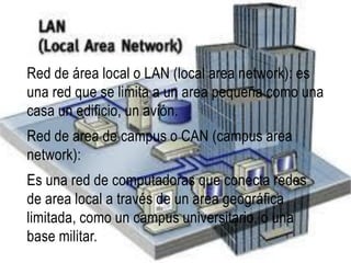 Red de área local o LAN (local area network): es
una red que se limita a un area pequeña como una
casa un edificio, un avión.
Red de area de campus o CAN (campus area
network):
Es una red de computadoras que conecta redes
de area local a través de un area geográfica
limitada, como un campus universitario, o una
base militar.
 
