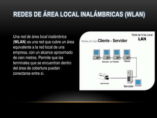 REDES DE ÁREA LOCAL INALÁMBRICAS (WLAN)
Una red de área local inalámbrica
(WLAN) es una red que cubre un área
equivalente a la red local de una
empresa, con un alcance aproximado
de cien metros. Permite que las
terminales que se encuentran dentro
del área de cobertura puedan
conectarse entre sí.
 