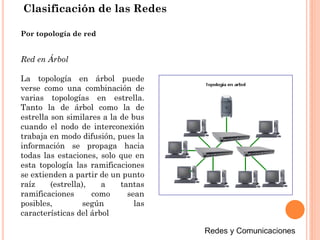 Clasificación de las Redes
Red en Árbol
La topología en árbol puede
verse como una combinación de
varias topologías en estrella.
Tanto la de árbol como la de
estrella son similares a la de bus
cuando el nodo de interconexión
trabaja en modo difusión, pues la
información se propaga hacia
todas las estaciones, solo que en
esta topología las ramificaciones
se extienden a partir de un punto
raíz (estrella), a tantas
ramificaciones como sean
posibles, según las
características del árbol
Por topología de red
 