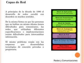 Capas de Red
A principios de la década de 1980 el
desarrollo de redes sucedió con
desorden en muchos sentidos.
De la misma forma en que las personas
que no hablan un mismo idioma tienen
dificultades para comunicarse, las
redes que utilizaban diferentes
especificaciones e implementaciones
tenían dificultades para intercambiar
información.
El mismo problema surgía con las
empresas que desarrollaban
tecnologías de conexión privadas o
propietaria.
 