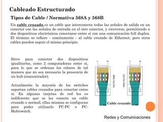 Cableado Estructurado
Tipos de Cable / Normativa 568A y 568B
Un cable cruzado es un cable que interconecta todas las señales de salida en un
conector con las señales de entrada en el otro conector, y viceversa; permitiendo a
dos dispositivos electrónicos conectarse entre sí con una comunicación full duplex.
El término se refiere - comúnmente - al cable cruzado de Ethernet, pero otros
cables pueden seguir el mismo principio.
Sirve para conectar dos dispositivos
igualitarios, como 2 computadoras entre sí,
para lo que se ordenan los colores de tal
manera que no sea necesaria la presencia de
un hub (concentrador).
Actualmente la mayoría de los switches
soportan cables cruzados para conectar entre
sí. En algunas tarjetas de red les es
indiferente que se les conecte un cable
cruzado o normal, ellas mismas se configuran
para poder utilizarlo PC-PC o PC-
Hub/switch.
Cable cruzado
 