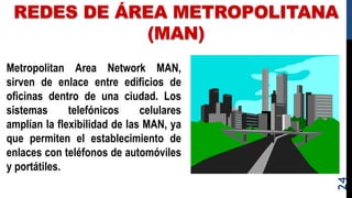 REDES DE ÁREA METROPOLITANA
(MAN)
Metropolitan Area Network MAN,
sirven de enlace entre edificios de
oficinas dentro de una ciudad. Los
sistemas telefónicos celulares
amplían la flexibilidad de las MAN, ya
que permiten el establecimiento de
enlaces con teléfonos de automóviles
y portátiles.
24
 