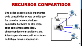 RECURSOS COMPARTIDOS
Uno de los aspectos más importantes
de la conectividad es que permite que
los usuarios de computadoras
compartan hardware de alto costo,
tales como impresoras láser,
almacenamiento en servidores, etc.
Además permite compartir estaciones
de trabajo, datos e información.
4
 