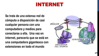 INTERNET
Se trata de una extensa red de
cómputo a disposición de casi
cualquier persona con una
computadora y medios para
conectarse a ella. Una vez en
internet, parecería que se está en
una computadora gigantesca con
extensiones en todo el mundo
5
 