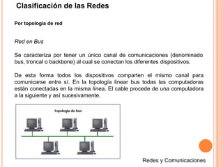 Clasificación de las Redes
Por topología de red
Red en Bus
Se caracteriza por tener un único canal de comunicaciones (denominado
bus, troncal o backbone) al cual se conectan los diferentes dispositivos.
De esta forma todos los dispositivos comparten el mismo canal para
comunicarse entre sí. En la topología linear bus todas las computadoras
están conectadas en la misma línea. El cable procede de una computadora
a la siguiente y así sucesivamente.
 