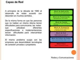 Capas de Red
A principios de la década de 1980 el
desarrollo de redes sucedió con
desorden en muchos sentidos.
De la misma forma en que las personas
que no hablan un mismo idioma tienen
dificultades para comunicarse, las redes
que utilizaban diferentes
implementaciones
para intercambiar
especificaciones e
tenían dificultades
información.
El mismo problema surgía con las
empresas que desarrollaban tecnologías
de conexión privadas o propietaria.
 