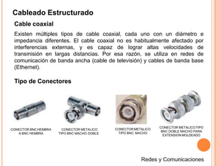 Cableado Estructurado
CONECTOR METALICOTIPO
BNC DOBLE MACHO PARA
EXTENSION MOLDEADO
CONECTORMETALICO
TIPO BNC MACHO
Cable coaxial
Existen múltiples tipos de cable coaxial, cada uno con un diámetro e
impedancia diferentes. El cable coaxial no es habitualmente afectado por
interferencias externas, y es capaz de lograr altas velocidades de
transmisión en largas distancias. Por esa razón, se utiliza en redes de
comunicación de banda ancha (cable de televisión) y cables de banda base
(Ethernet).
Tipo de Conectores
CONECTOR METALICO
TIPO BNC MACHO DOBLE
CONECTOR BNC HEMBRA
A BNC HEMBRA
 