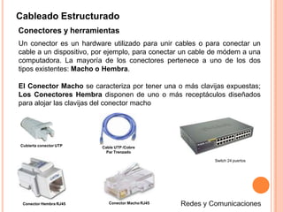 Cableado Estructurado
Conectores y herramientas
Un conector es un hardware utilizado para unir cables o para conectar un
cable a un dispositivo, por ejemplo, para conectar un cable de módem a una
computadora. La mayoría de los conectores pertenece a uno de los dos
tipos existentes: Macho o Hembra.
El Conector Macho se caracteriza por tener una o más clavijas expuestas;
Los Conectores Hembra disponen de uno o más receptáculos diseñados
para alojar las clavijas del conector macho
Cubierta conector UTP Cable UTP /Cobre
Par Trenzado
Conector Hembra RJ45
Switch 24 puertos
Conector Macho RJ45
 