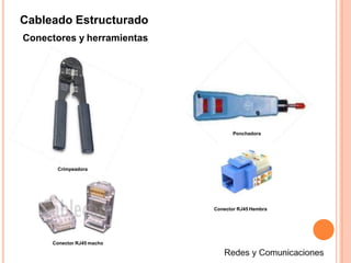 Cableado Estructurado
Conectores y herramientas
Crimpeadora
Ponchadora
Conector RJ45 macho
Conector RJ45 Hembra
 
