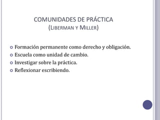 COMUNIDADES DE PRÁCTICA
            (LIBERMAN Y MILLER)

 Formación permanente como derecho y obligación.
 Escuela como unidad de cambio.

 Investigar sobre la práctica.

 Reflexionar escribiendo.
 