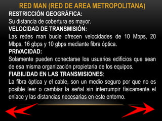 RED MAN (RED DE AREA METROPOLITANA)
RESTRICCIÓN GEOGRÁFICA:
Su distancia de cobertura es mayor.
VELOCIDAD DE TRANSMISIÓN:
Las redes man bucle ofrecen velocidades de 10 Mbps, 20
Mbps, 16 gbps y 10 gbps mediante fibra óptica.
PRIVACIDAD:
Solamente pueden conectarse los usuarios edificios que sean
de esa misma organización propietaria de los equipos.
FIABILIDAD EN LAS TRANSMISIONES:
La fibra óptica y el cable, son un medio seguro por que no es
posible leer o cambiar la señal sin interrumpir físicamente el
enlace y las distancias necesarias en este entorno.

 