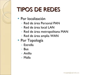 TIPOS DE REDES Por localización Red de área Personal PAN Red de área local LAN Red de área metropolitana MAN Red de área amplia WAN Por Topología Estrella Bus Anillo Malla [email_address] 