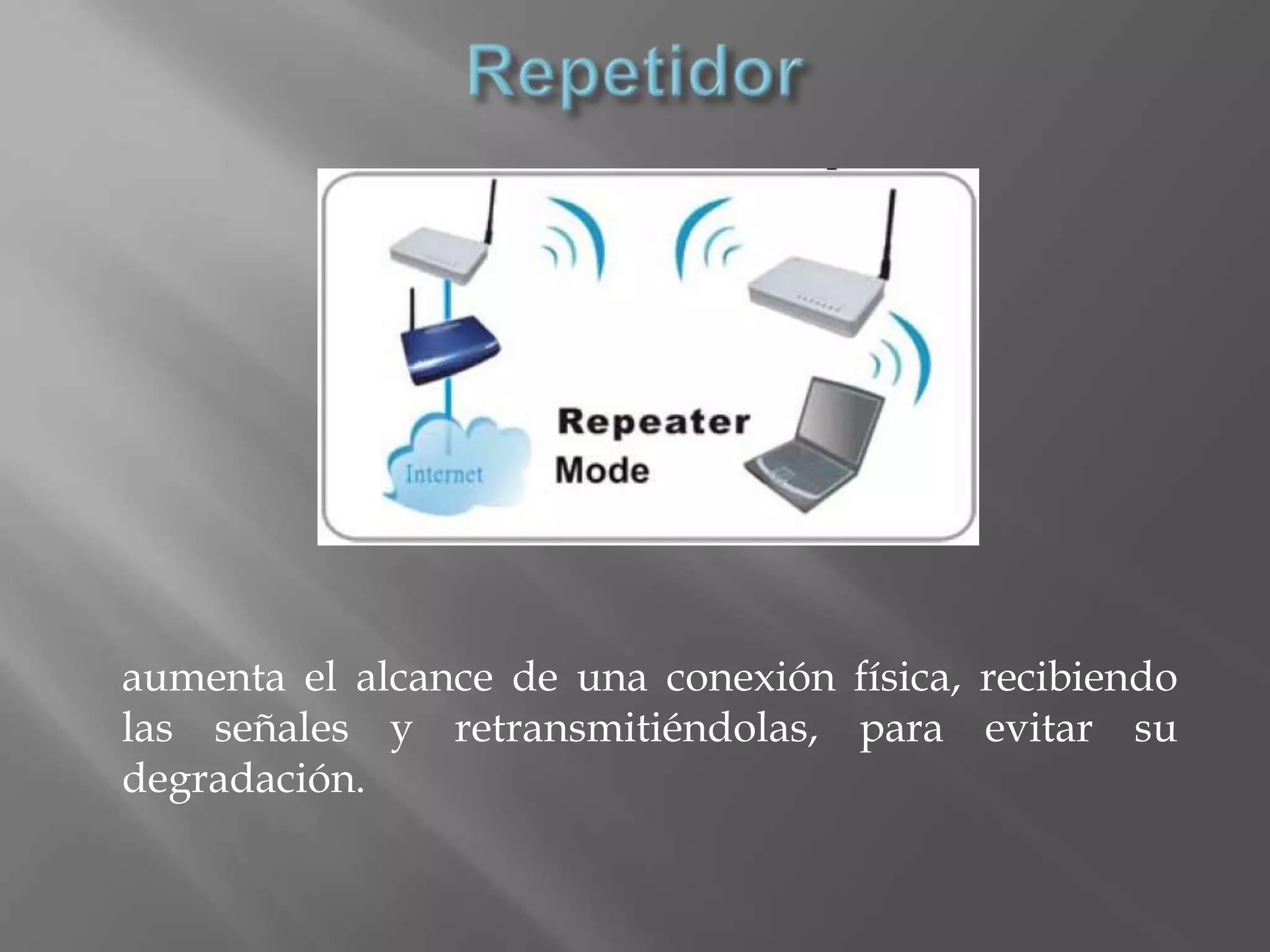 aumenta el alcance de una conexión física, recibiendo
las señales y retransmitiéndolas, para evitar su
degradación.
 