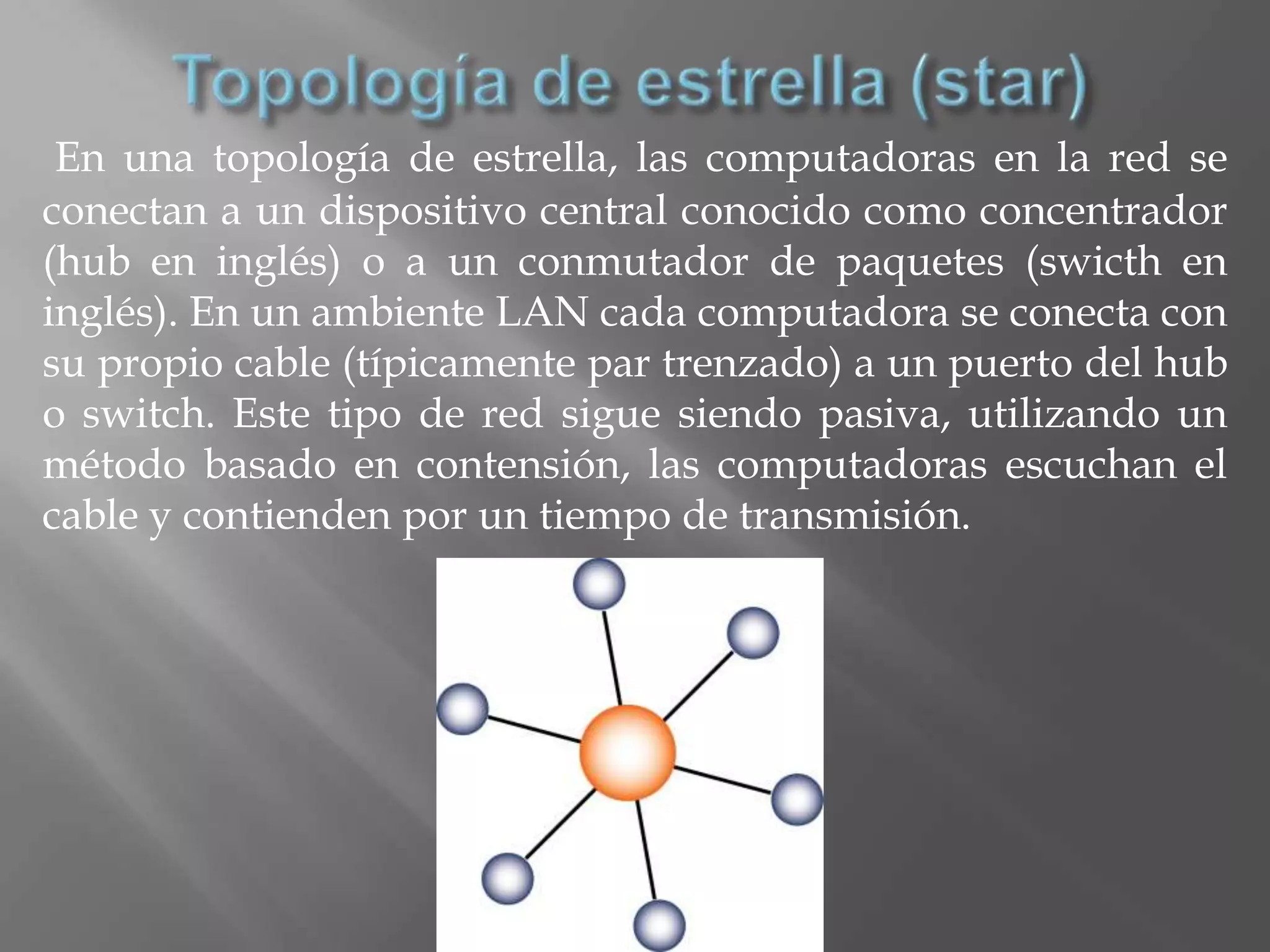 En una topología de estrella, las computadoras en la red se
conectan a un dispositivo central conocido como concentrador
(hub en inglés) o a un conmutador de paquetes (swicth en
inglés). En un ambiente LAN cada computadora se conecta con
su propio cable (típicamente par trenzado) a un puerto del hub
o switch. Este tipo de red sigue siendo pasiva, utilizando un
método basado en contensión, las computadoras escuchan el
cable y contienden por un tiempo de transmisión.
 
