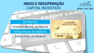 INICIO E RECUPERAÇÃO
CAPITAL INVESTIDO
300 PONTOS
ATIVAÇÃO MENSAL DE R$40,00
BÔNUS FINAL DE R$499,00
BÔNUS INICIAL DE R$300,00
MASTER
 