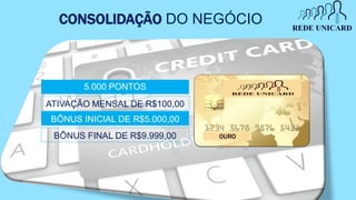 5.000 PONTOS
BÔNUS INICIAL DE R$5.000,00
ATIVAÇÃO MENSAL DE R$100,00
BÔNUS FINAL DE R$9.999,00
CONSOLIDAÇÃO DO NEGÓCIO
OURO
 