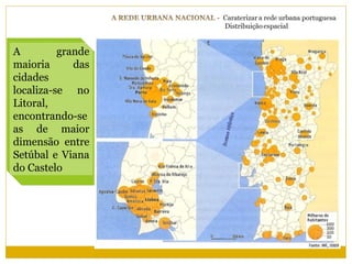 A         grande
maioria      das
cidades
localiza-se no
Litoral,
encontrando-se
as de maior
dimensão entre
Setúbal e Viana
do Castelo
 