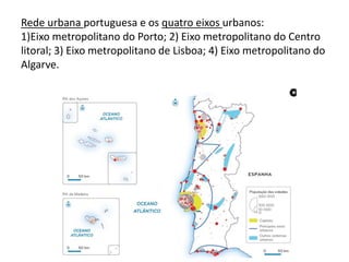 Rede urbana portuguesa e os quatro eixos urbanos:
1)Eixo metropolitano do Porto; 2) Eixo metropolitano do Centro
litoral; 3) Eixo metropolitano de Lisboa; 4) Eixo metropolitano do
Algarve.
 