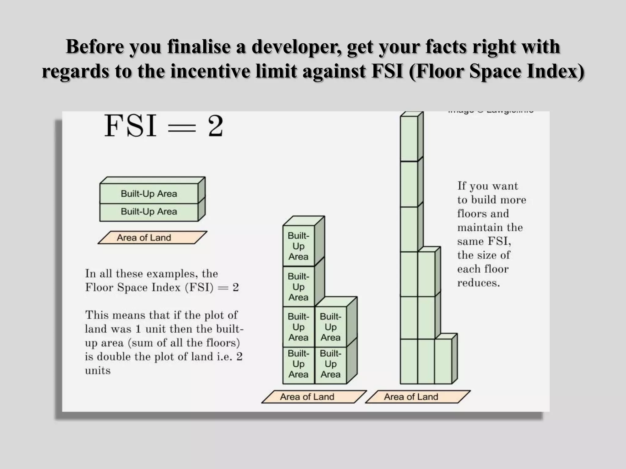 Before you finalise a developer, get your facts right with
regards to the incentive limit against FSI (Floor Space Index)
 
