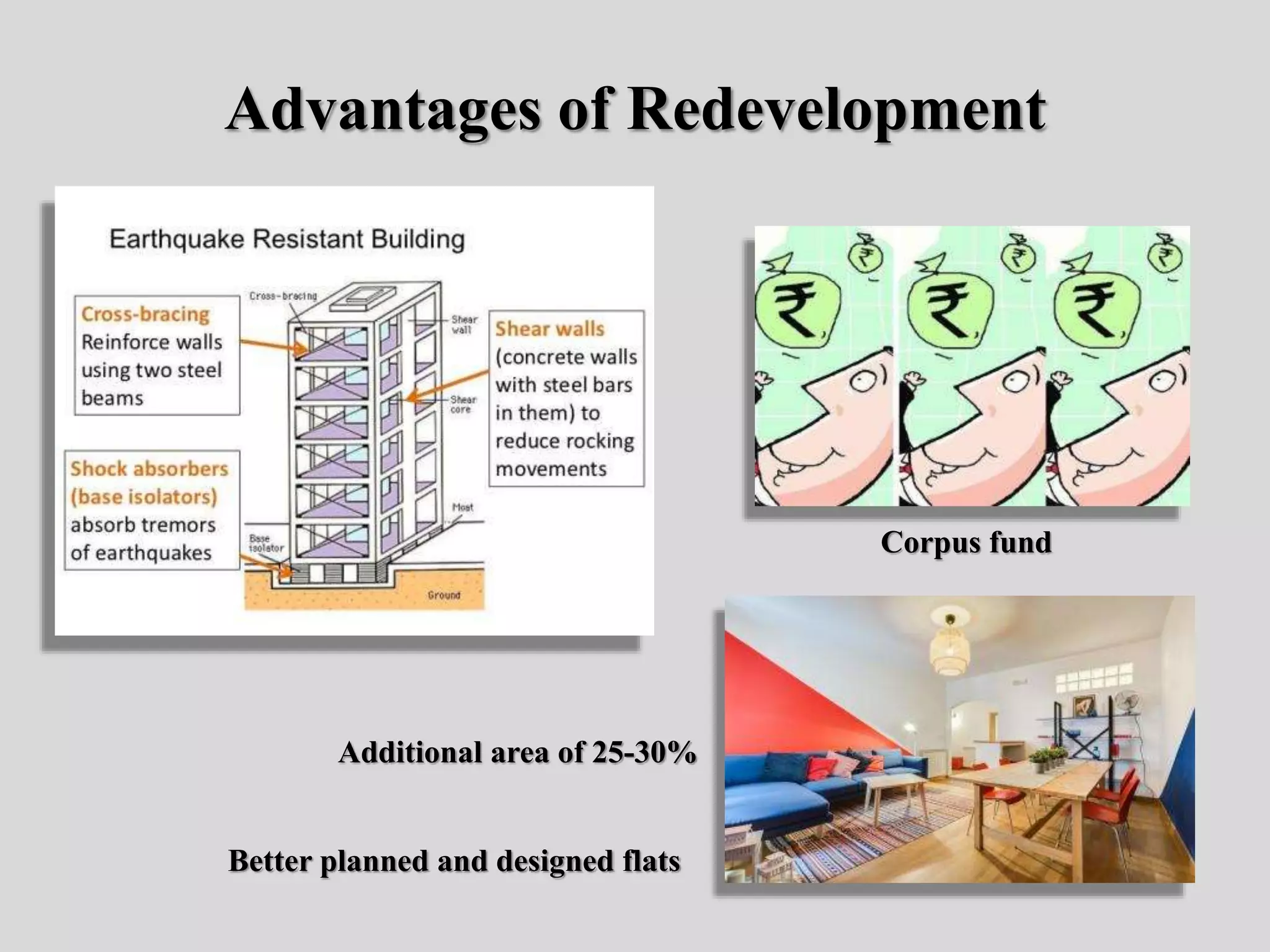 Advantages of Redevelopment
Corpus fund
Additional area of 25-30%
Better planned and designed flats
 