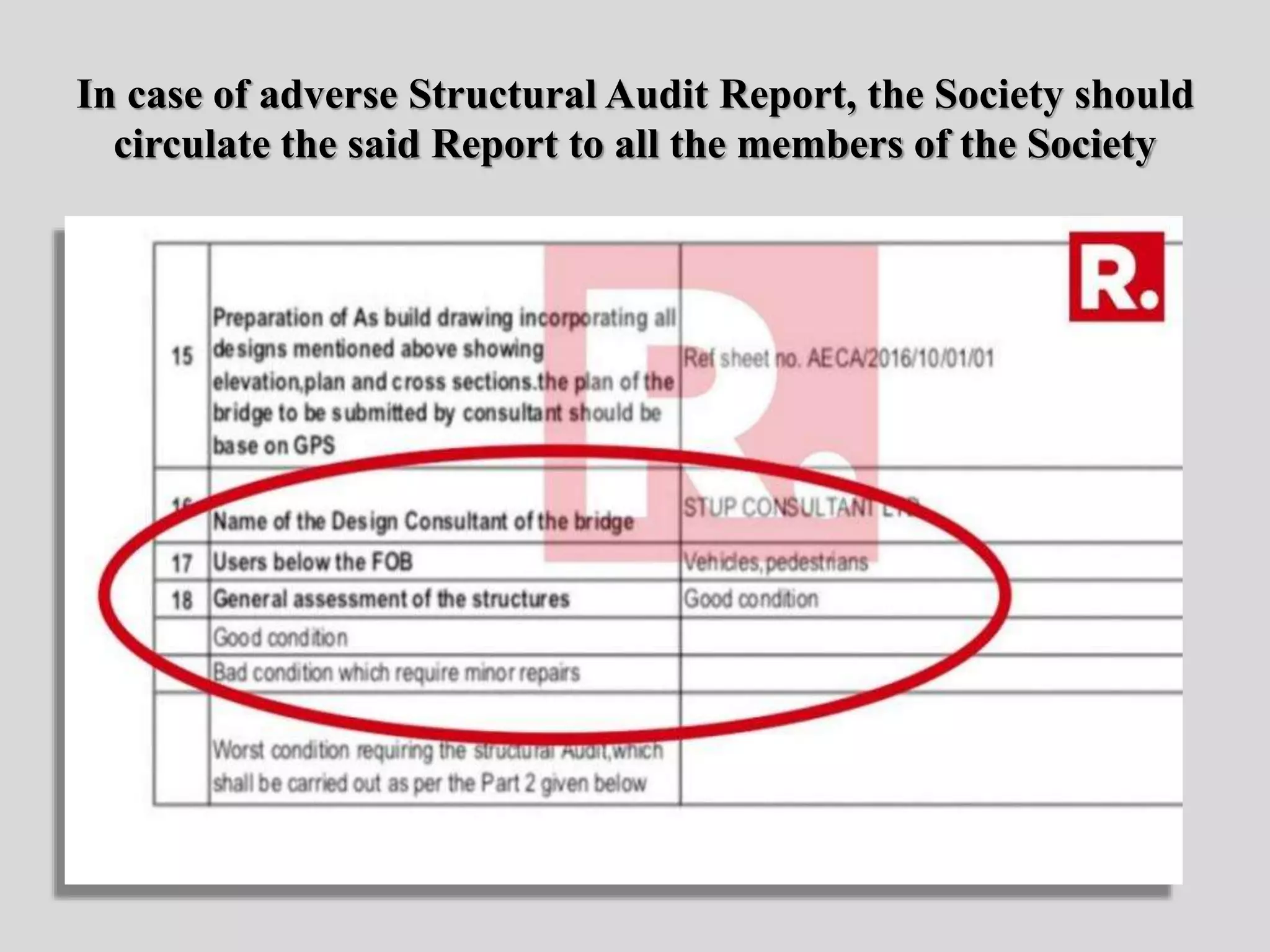 In case of adverse Structural Audit Report, the Society should
circulate the said Report to all the members of the Society
 