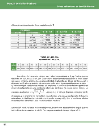 Manual de Vialidad Urbana
Zonas Vehiculares en Sección Normal
162
c) Expresiones Aproximadas: Error asociado según τ
EXPRESION
Exacta Aproximada τ< 0.1 rad τ< 0.33 rad τ< 0.5 rad
X L e < 1 / 1000 e < 13 / 1000 e < 25 / 1000
Y L2
/ 6R e < 1 / 1000 e < 8 / 1000 e < 18 / 1000
Y 4ΔR (ap) e < 2 / 1000 e < 8 / 1000 e < 18 / 1000
ΔR L2
/ 24R e < 1,7 / 1000 e < 4 / 1000 e < 9 / 1000
C L / 2 = τ R e < 0,4 / 1000 e < 4 / 1000 e < 8 / 1000
Yc R + L2
/ 24R e < 0,004 / 1000 e < 0,07 / 1000 e < 0,4 / 1000
TABLA 5.01.203 (3) A
VALORES MAXIMOS DE J
V
(Km/h)
25 30 35 40 45 50 55 60 65 70 75 80 85 90 95 100
J
(m/s3
)
0.975 0.950 0.925 0.900 0.875 0.850 0.825 0.800 0.775 0.750 0.725 0.700 0.675 0.650 0.625 0.600
Los valores del parámetro mínimo para cada combinación de V, R, p y P máx aparecen
tabuladas en 5.01.202 (5) A, B, C y D. Estos valores deben ser redondeados con el fin de poder
ser usados en forma práctica (según disponibilidad de plantillas de dibujo por lo general) y
deben ser verificados de acuerdo a lo expresado en las letras siguientes del presente acápite.
b) Verificación por Transición de Peraltes. La longitud L = A2
/R de la clotoide debe permitir el
desarrollo del peralte con una pendiente relativa de borde que no exceda ciertos límites. La
expresión a aplicar es
x x xn a p R
A ≥
Δ
, donde n es el número de pistas entre eje y borde
de calzada, a es el ancho (m) normal (sin ensanches) de una pista, p es el peralte de la curva
enlazada en % (si el bombeo coincide con el peralte se usa p – b) y Δ es la pendiente relativa
de borde (véase párrafo 5.01.205: “Transiciones de Peralte”).
c) Condición Visual y Estética. Cuando sea posible, el valor de A debe ser mayor o igual que un
tercio del radio de curvatura (A ≥ R/3). Esto asegura un valor de τ mayor o igual a 3,5g
.
 