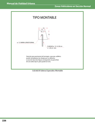 Manual de Vialidad Urbana
Zonas Vehiculares en Sección Normal
226
5.02.602 B Soleras Especiales: Montable
 