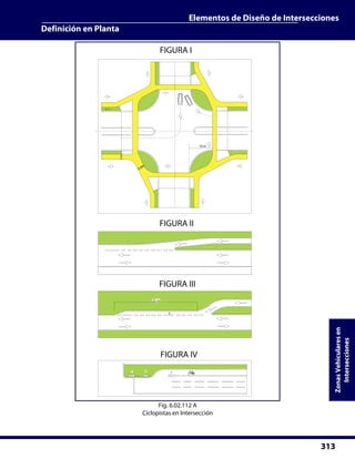 Elementos de Diseño de Intersecciones
Definición en Planta
313
ZonasVehicularesen
Intersecciones
1 2 3
25 m
10 m
Fig. 6.02.112 A
Ciclopistas en Intersección
 
