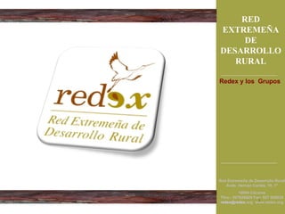 RED
EXTREMEÑA
    DE
DESARROLLO
   RURAL

Redex y los Grupos




Red Extremeña de Desarrollo Rural
   Avda. Hernán Cortés, 10, 1º
          10004 Cáceres
Tfno.: 927626829 Fax: 927 626830
                   1
redex@redex.org www.redex.org
 