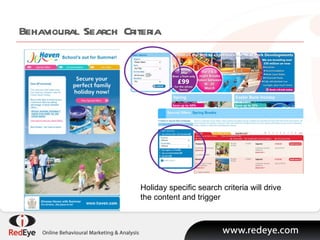Behavioural Search Criteria  Holiday specific search criteria will drive the content and trigger  