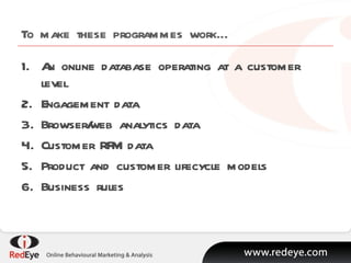 To make these programmes work… An online database operating at a customer level Engagement data Browser/web analytics data Customer RFM data Product and customer lifecycle models Business rules 