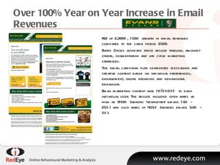 Over 100% Year on Year Increase in Email Revenues  ROI of 2,399%, 103% growth in email revenues compared to the same period 2009. Evans Cycles achieved these results through, amongst others, segmentation and life cycle marketing strategies.  The email campaign plan segmented messaging and creative content based on individual preferences, engagement, online browsing and behavioural behaviour.  Email marketing content was  relevant   to each individual user. The results included open rates as high as 84.9% (generic ‘newsletter’ emails 16% - 25%) and click rates of 40.5% (generic emails 3.8% - 5%). 