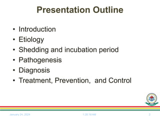 Presentation Outline
• Introduction
• Etiology
• Shedding and incubation period
• Pathogenesis
• Diagnosis
• Treatment, Prevention, and Control
January 24, 2024 2
1:28:18 AM
 