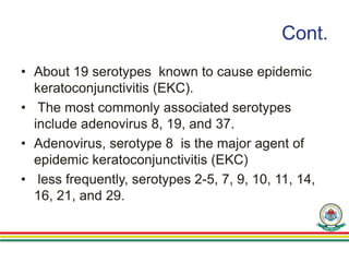 Cont.
• About 19 serotypes known to cause epidemic
keratoconjunctivitis (EKC).
• The most commonly associated serotypes
include adenovirus 8, 19, and 37.
• Adenovirus, serotype 8 is the major agent of
epidemic keratoconjunctivitis (EKC)
• less frequently, serotypes 2-5, 7, 9, 10, 11, 14,
16, 21, and 29.
 
